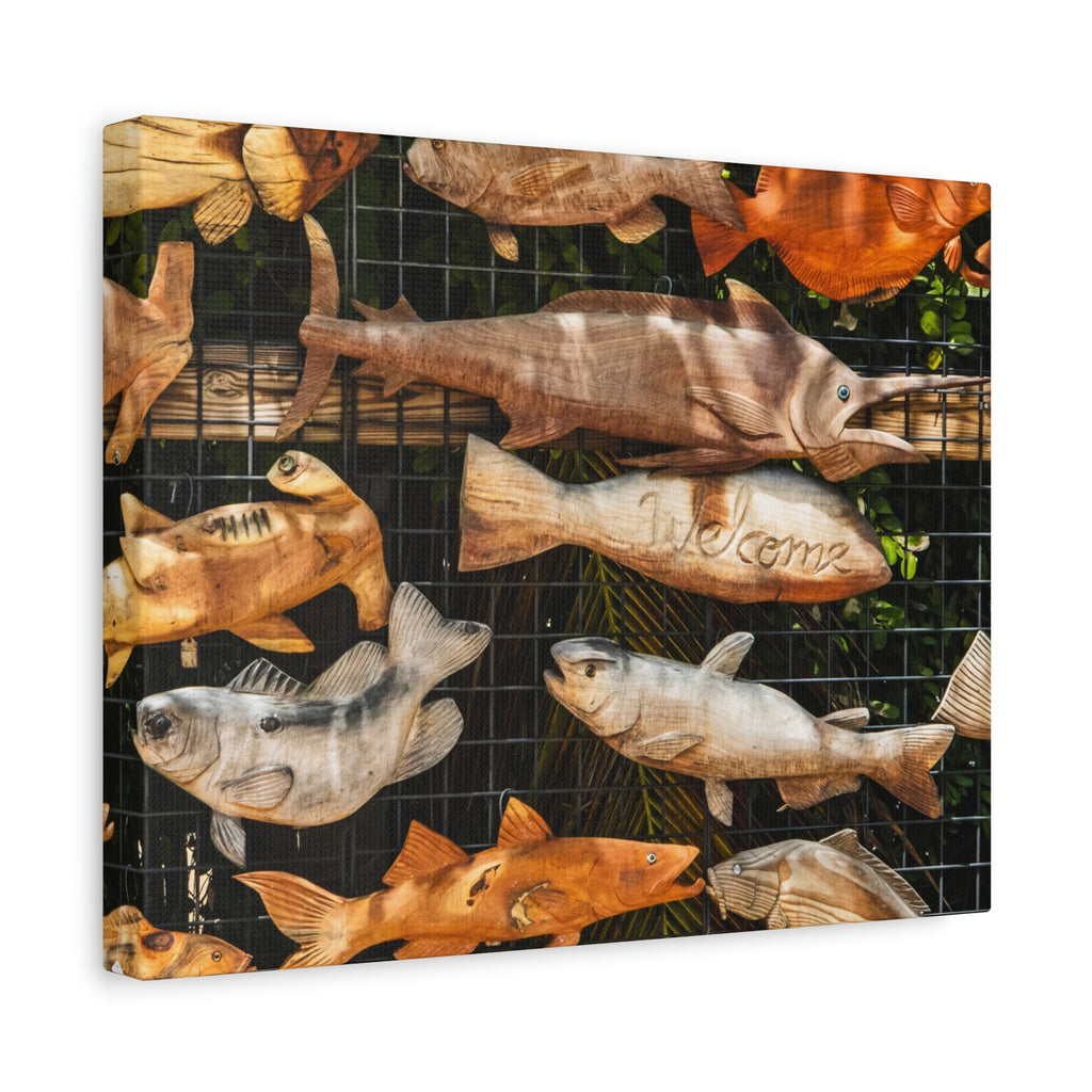 Wooden Fish Wall Art Canvas — Rustic Fishing Decor (Welcome Fish Design)