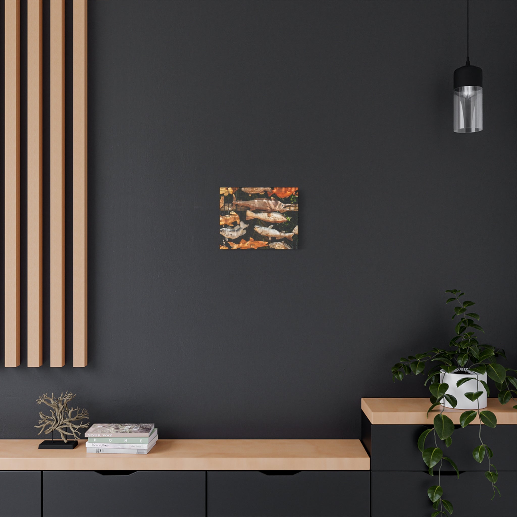 Wooden Fish Wall Art Canvas — Rustic Fishing Decor (Welcome Fish Design)
