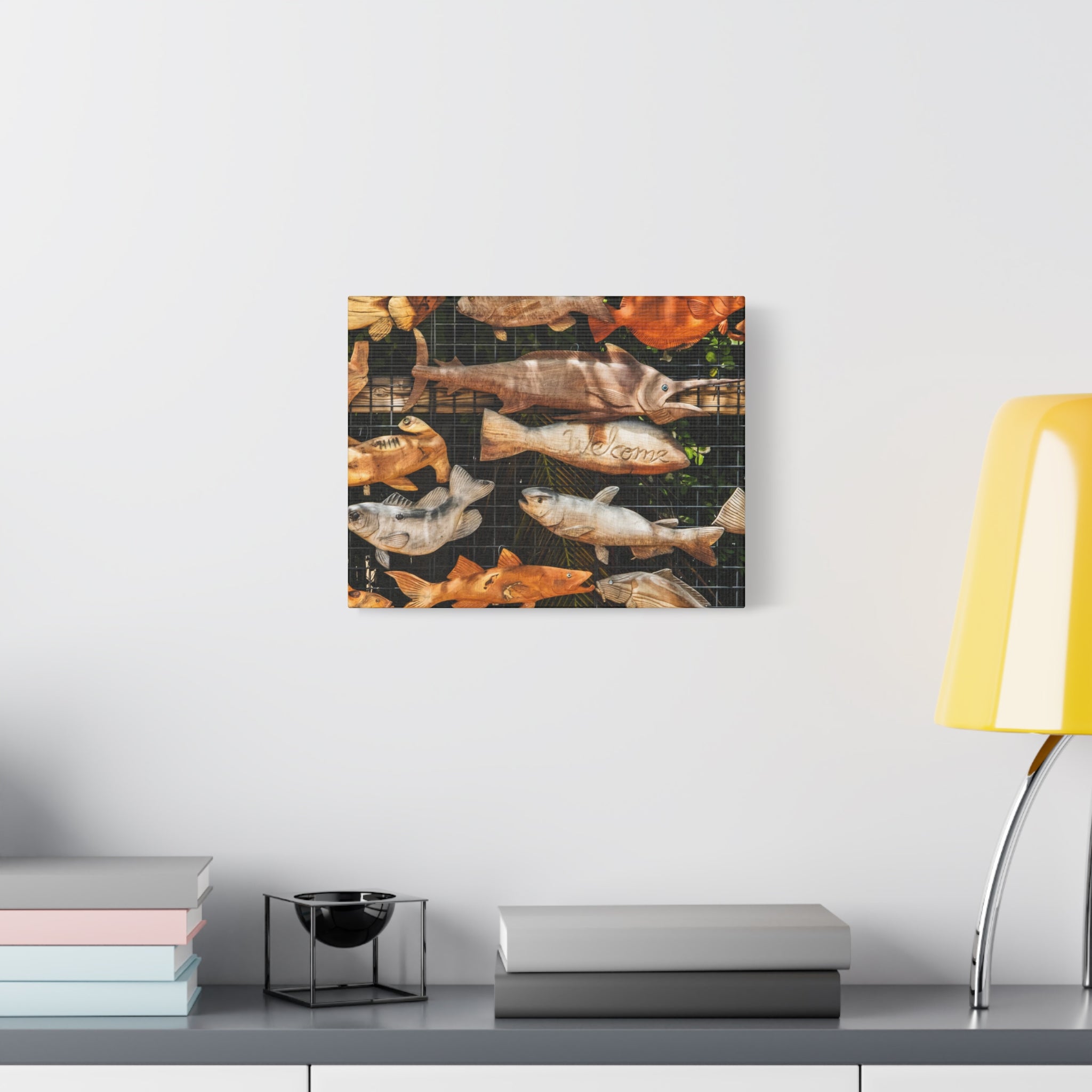 Wooden Fish Wall Art Canvas — Rustic Fishing Decor (Welcome Fish Design)