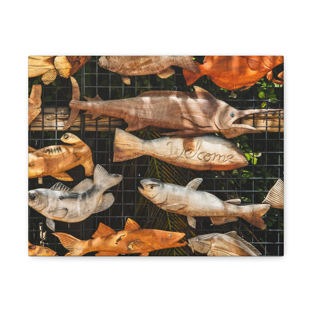 Wooden Fish Wall Art Canvas — Rustic Fishing Decor (Welcome Fish Design)